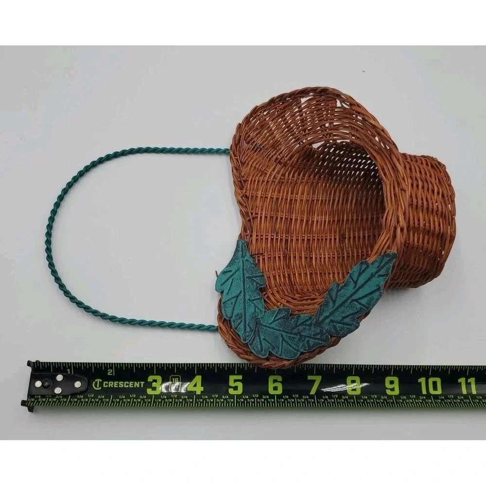 Decorative Hanging Wicker Basket with Green Metal Wire Cottagecore